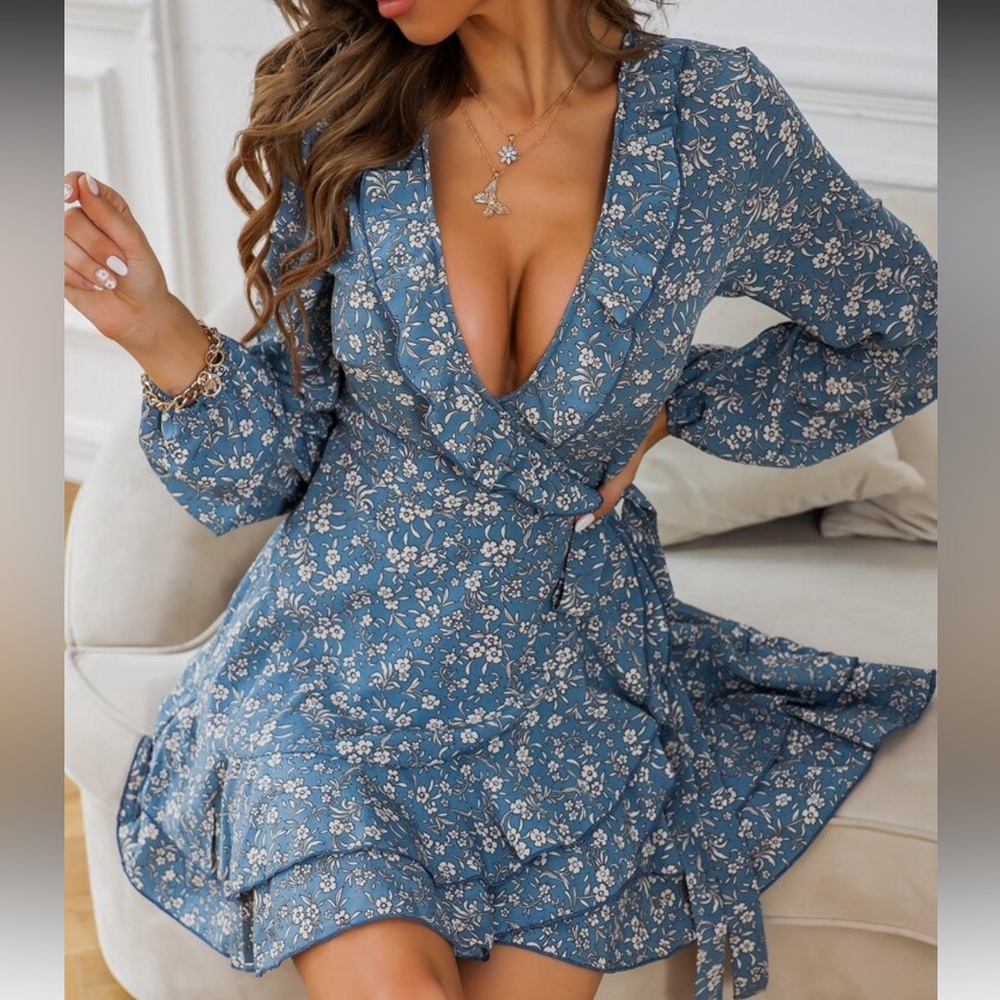 Floral Blue Wrap Dress